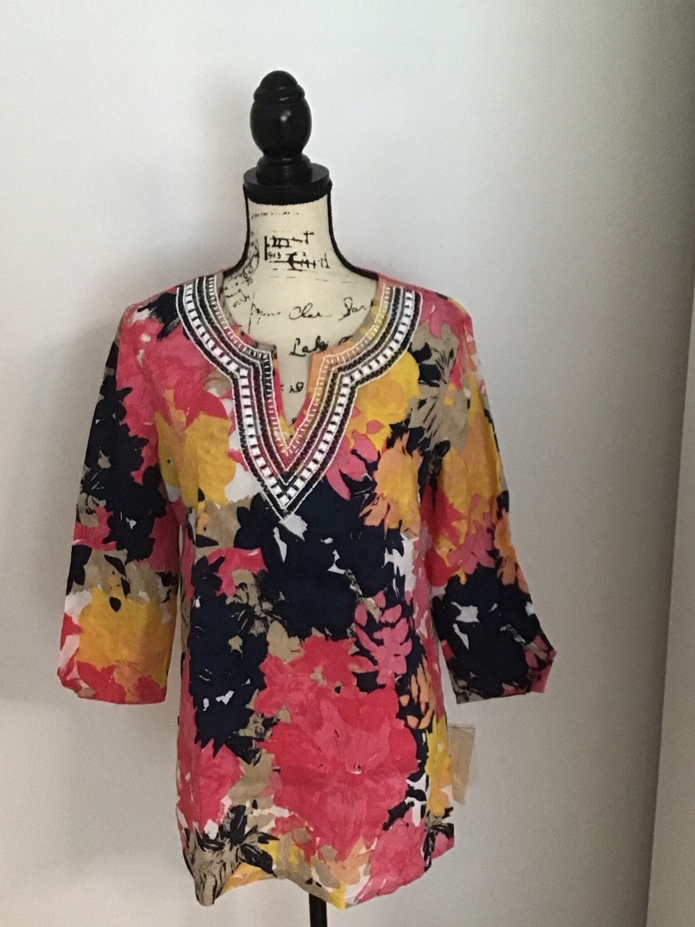 🆕 Charter Club Floral V-Neck Tunic Top with Embellished Neckline - Multicolor